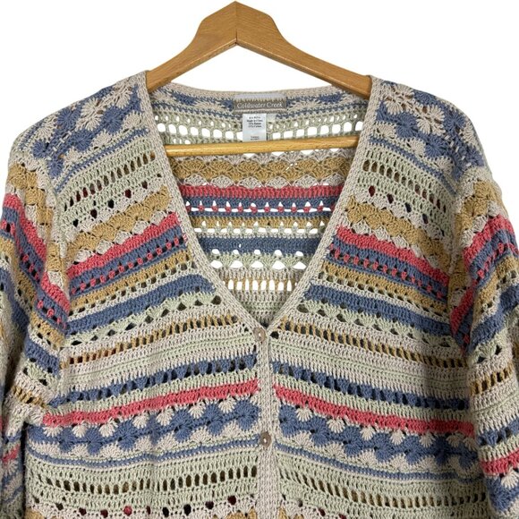 Coldwater Creek Vtg Crochet Cardigan Women's Medium Boho Striped Ramie Cotton - Picture 2 of 12